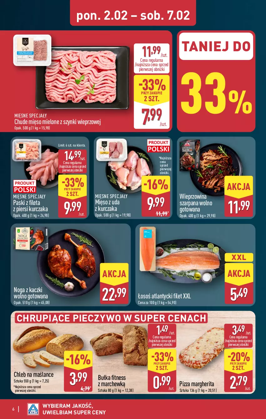 Gazetka promocyjna Aldi - Pełna oferta - ważna 02.02 do 07.02.2026 - strona 6 - produkty: Bułka, Bułka fitness, Chleb, Kurczak, Mięsne specjały, Mięso, Mięso mielone, Mięso mielone z szynki, Noga z kaczki, Piec, Pieczywo, Pizza, Pizza margherita, Wieprzowina