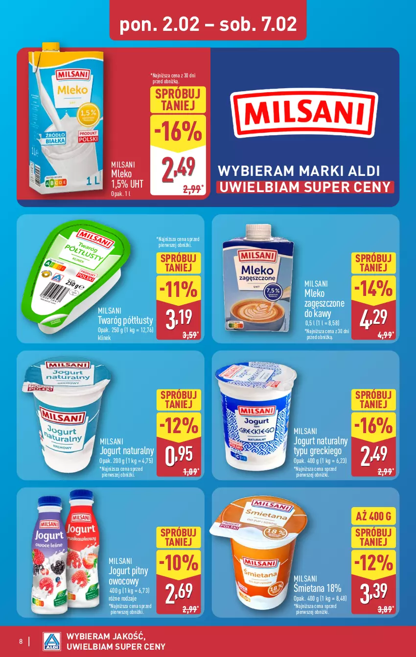 Gazetka promocyjna Aldi - Pełna oferta - ważna 02.02 do 07.02.2026 - strona 8 - produkty: Jogurt, Jogurt naturalny, Jogurt pitny, Mleko, Mleko zagęszczone, Twaróg, Twaróg półtłusty