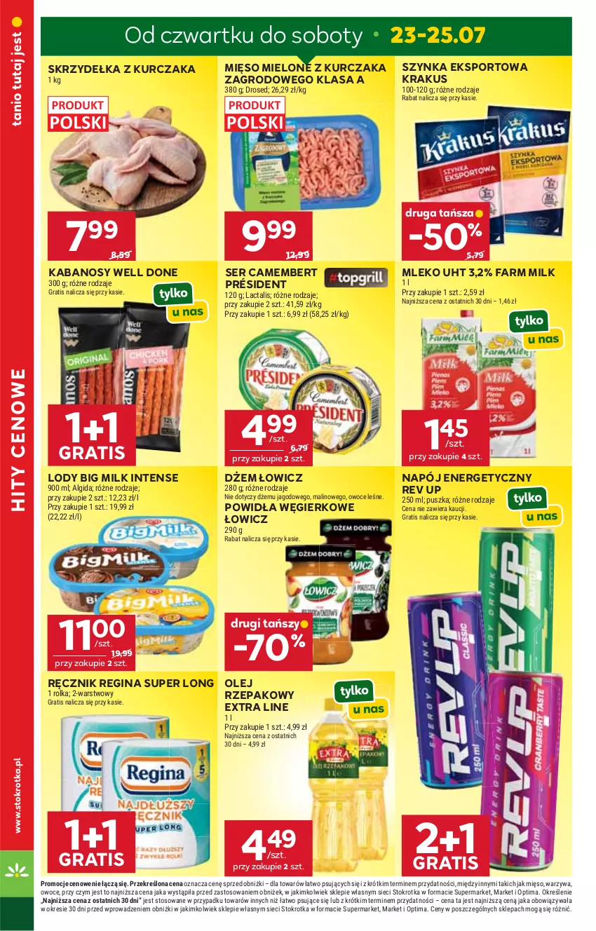 Gazetka promocyjna Stokrotka - Market - ważna 23.07 do 29.07.2026 - strona 4 - produkty: Algida, Big Milk, Camembert, Dżem, Fa, Farm Milk, Gin, Gra, Kabanos, Krakus, Kurczak, LG, Lody, Mięso, Mięso mielone, Mleko, Napój, Napój energetyczny, Olej, Olej rzepakowy, Optima, Owoce, Por, Président, Ręcznik, Ser, Skrzydełka z kurczaka, Sport, Szynka, Warzywa