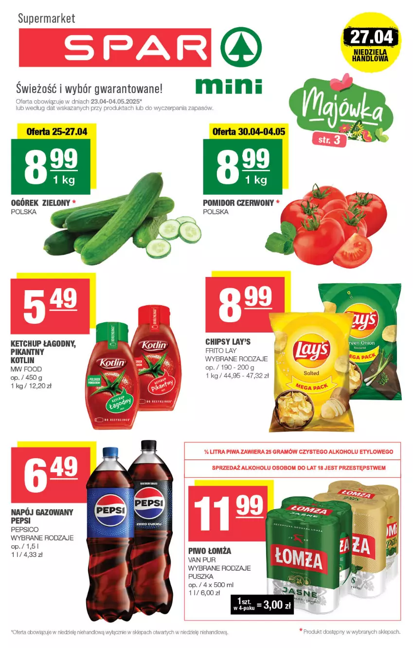 Gazetka promocyjna Spar - Spar-Mini - ważna 21.04 do 01.05.2025 - strona 1 - produkty: Chipsy, Ketchup, Kotlin, Napój, Napój gazowany, Ogórek, Pepsi, Piwo, Pur