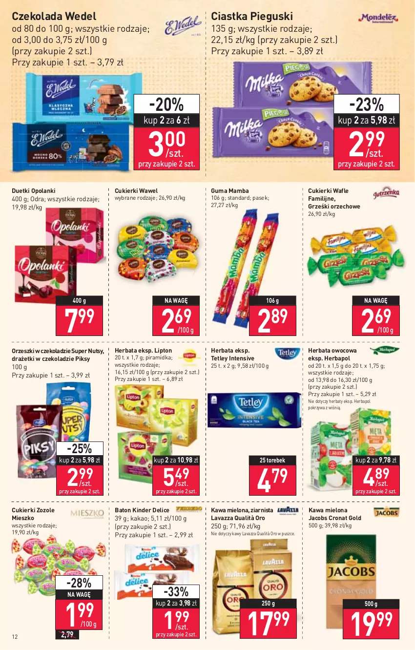 Gazetka promocyjna Stokrotka - Supermarket - ważna 23.06 do 29.06.2022 - strona 12 - produkty: Baton, Ciastka, Cukier, Cukierki, Czekolada, Fa, Grześki, Herbapol, Herbata, Herbata owocowa, Jacobs, Kakao, Kawa, Kawa mielona, Kinder, Lanki, Lavazza, Lipton, Mamba, Orzeszki, Pasek, Tetley, Wafle, Wawel