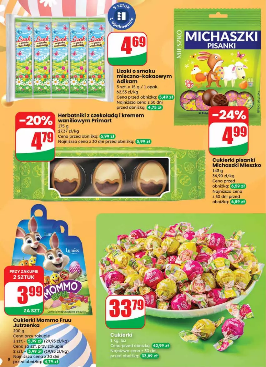 Gazetka promocyjna Dino - Gazetka 12 / 2026 - ważna 18.03 do 24.03.2026 - strona 8 - produkty: Cukier, Cukierki, Herbatniki, Jutrzenka, Kakao, LG, Lizaki, Miecz, Prima, Sanki, Ser