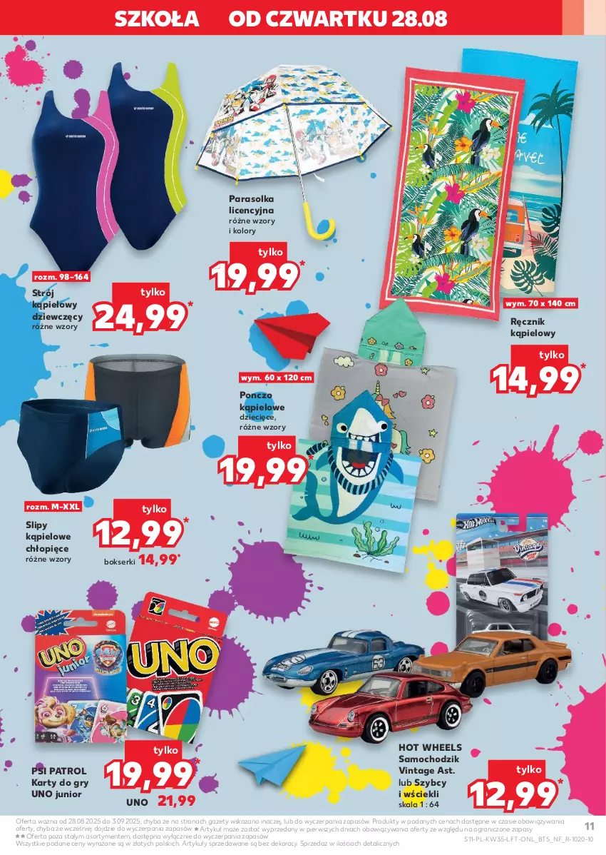 Gazetka promocyjna Kaufland - Gazetka tygodnia - ważna 28.08 do 03.09.2025 - strona 11 - produkty: Bokserki, Chodzik, Dzieci, Gra, Gry, Hot Wheels, Parasol, Ponczo, Psi Patrol, Ręcznik, Ręcznik kąpielowy, Ser, Slipy, Strój kąpielowy