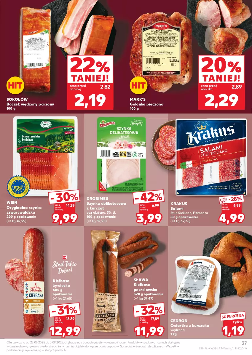 Gazetka promocyjna Kaufland - Gazetka tygodnia - ważna 28.08 do 03.09.2025 - strona 37 - produkty: Boczek, Drobimex, Gin, Golonka pieczona, Kiełbasa, Krakus, Kurczak, Piec, Salami, Sok, Sokołów, Szynka, Szynka delikatesowa