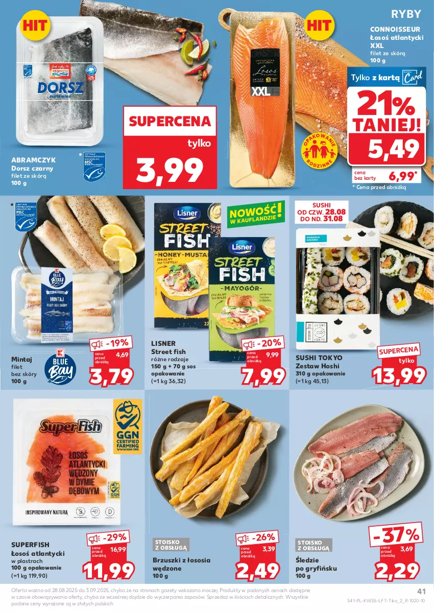 Gazetka promocyjna Kaufland - Gazetka tygodnia - ważna 28.08 do 03.09.2025 - strona 41 - produkty: Brzuszki z łososia, Dorsz, Gry, Lisner, Mintaj, Sos, Sushi