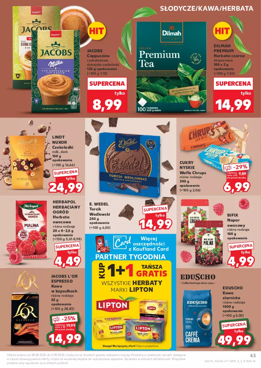 Gazetka promocyjna Kaufland - Gazetka tygodnia - ważna 28.08 do 03.09.2025 - strona 43 - produkty: Cappuccino, Czekolada, Dilmah, E. Wedel, Gra, Herbapol, Herbata, Herbata czarna, Herbata owocowa, Jacobs, Kawa, Kawa ziarnista, Lindt, Lipton, Ogród, Wafle, Waga