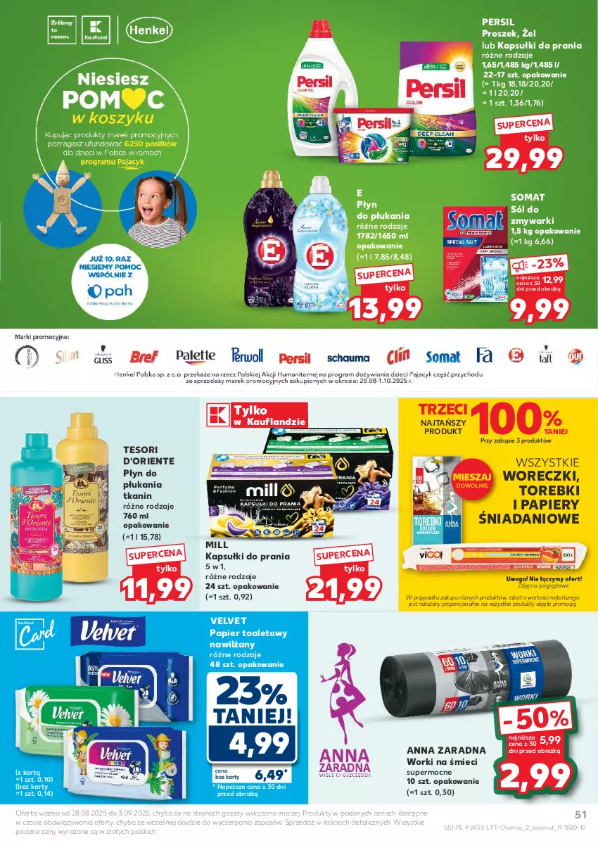Gazetka promocyjna Kaufland - Gazetka tygodnia - ważna 28.08 do 03.09.2025 - strona 51 - produkty: Danio, Kapsułki do prania, Papier, Papier toaletowy, Persil, Płyn do płukania, Por, Sól, Somat, Velvet, Waga, Worki na śmiec, Worki na śmieci, Zmywarki