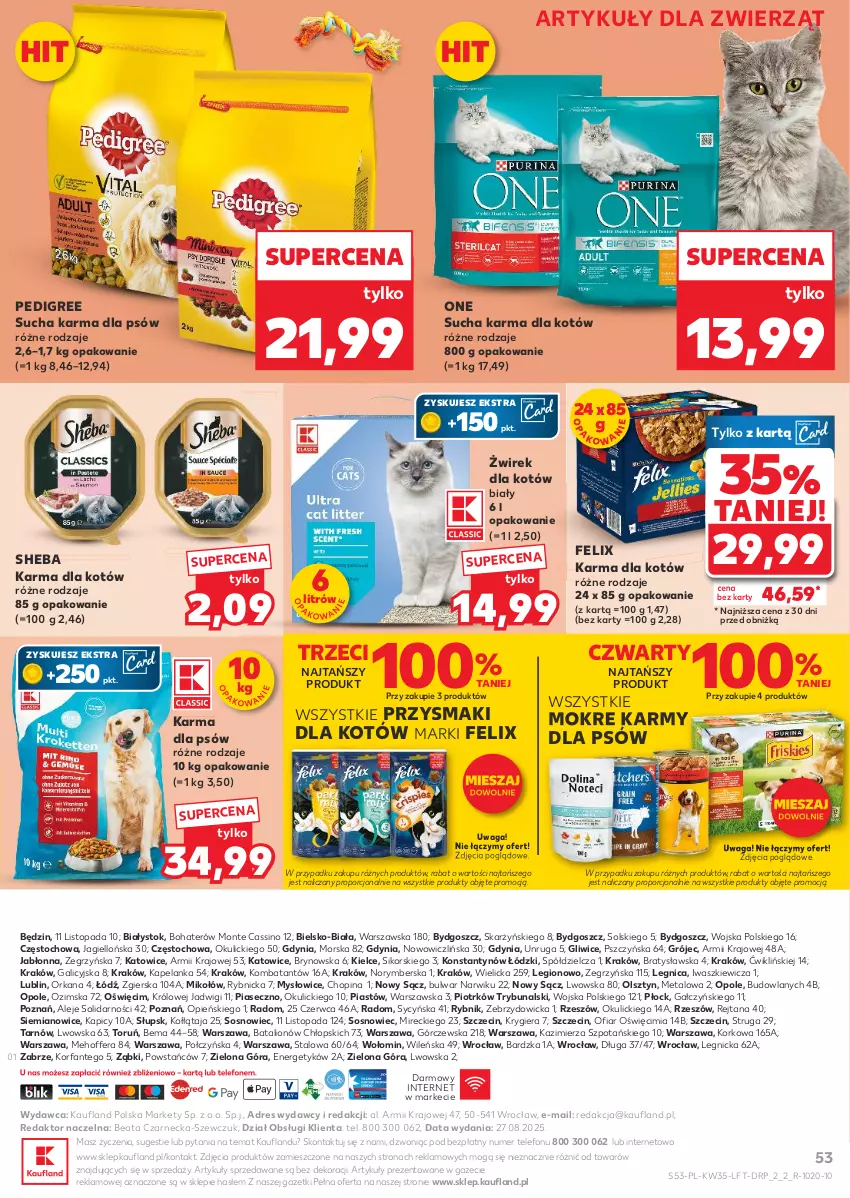 Gazetka promocyjna Kaufland - Gazetka tygodnia - ważna 28.08 do 03.09.2025 - strona 53 - produkty: Dres, Fa, Felix, Lion, Monte, O nas, Orka, Pedigree, Piast, Por, Przysmaki, Sheba, Sos, Sucha karma, Telefon, Top, Waga