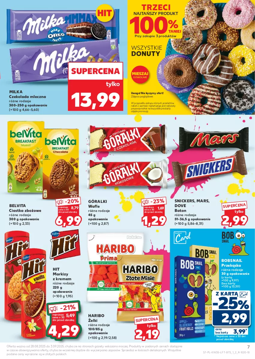Gazetka promocyjna Kaufland - Gazetka tygodnia - ważna 28.08 do 03.09.2025 - strona 7 - produkty: Baton, BelVita, Ciastka, Czekolada, Czekolada mleczna, Donut, Dove, Góralki, Haribo, Mars, Milka, Nuty, Por, Snickers, Vita C, Wafle, Waga