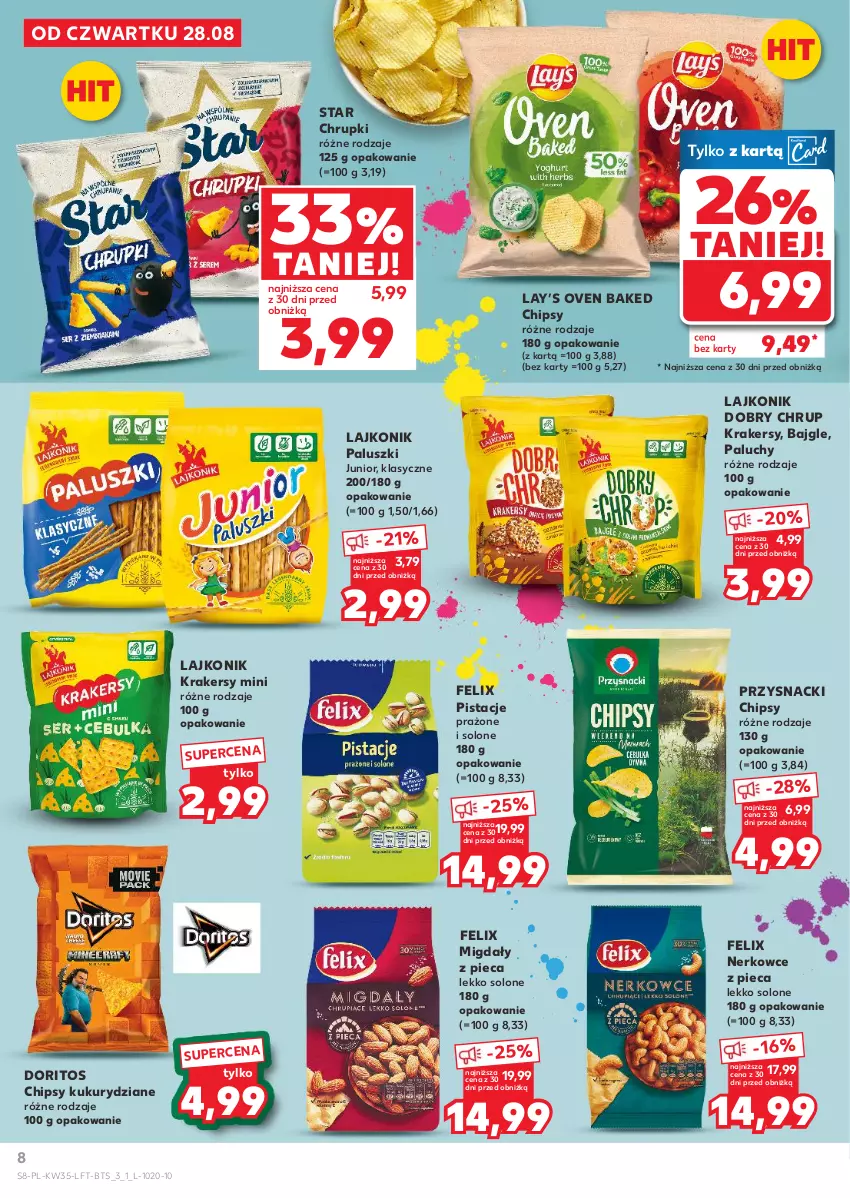 Gazetka promocyjna Kaufland - Gazetka tygodnia - ważna 28.08 do 03.09.2025 - strona 8 - produkty: Bajgle, Chipsy, Chrupki, Felix, Krakersy, Lajkonik, Lay’s, Migdały, Piec, Pistacje, Przysnacki