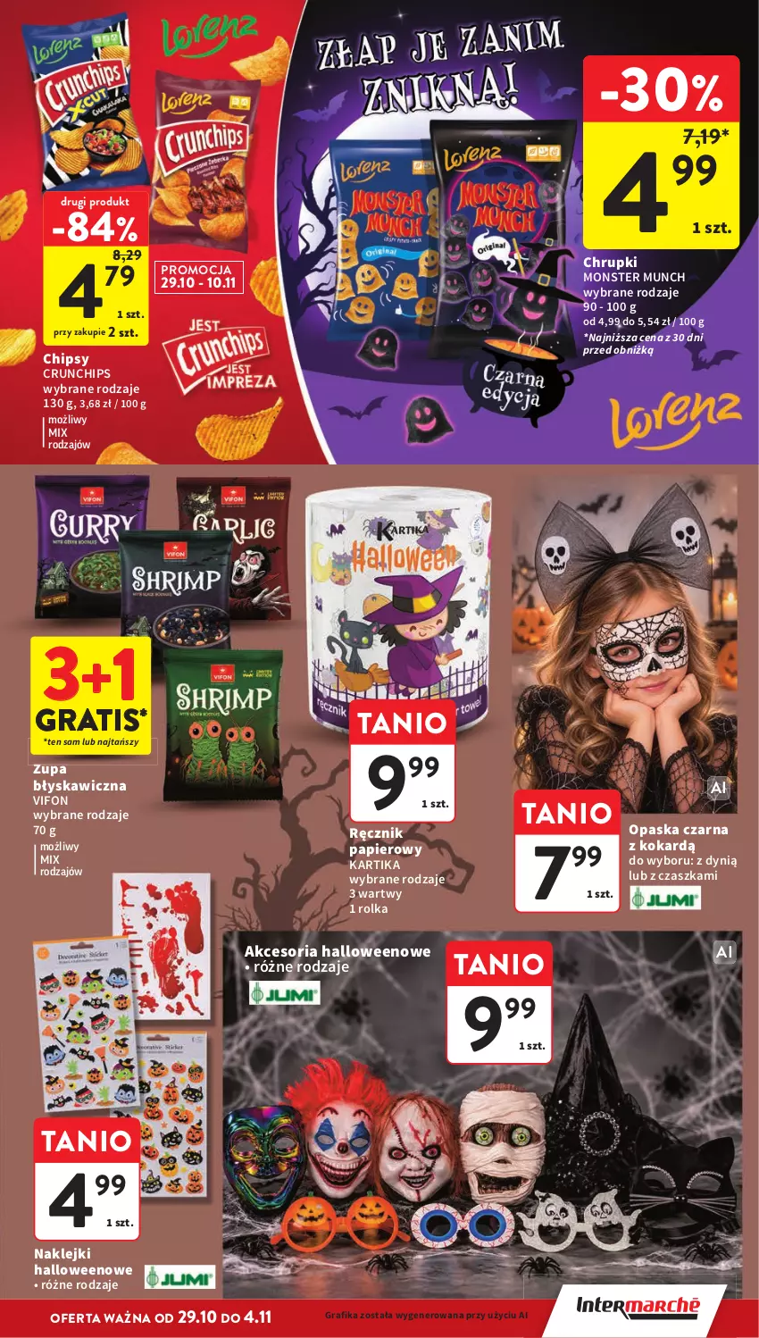 Gazetka promocyjna Intermarche - Gazetka promocyjna - ważna 29.10 do 04.11.2026 - strona 11 - produkty: Chipsy, Chrupki, Crunchips, Dynią, Gra, Grafika, Klej, Monster Munch, Opaska, Papier, Ręcznik, Zupa