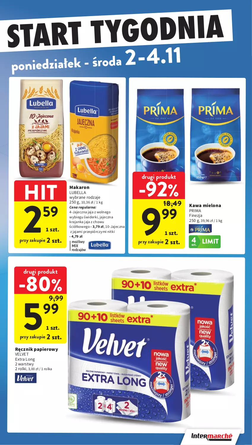 Gazetka promocyjna Intermarche - Gazetka promocyjna - ważna 29.10 do 04.11.2026 - strona 43 - produkty: Bell, Bella, Jaja, Jaja z wolnego wybiegu, Kawa, Kawa mielona, Lubella, Makaron, Papier, Prima, Ręcznik, Rolki, Velvet