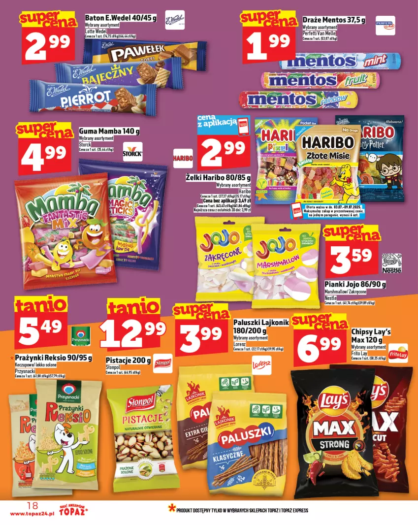 Gazetka promocyjna Topaz - Gazetka - ważna 01.07 do 16.07.2025 - strona 18 - produkty: Baton, Haribo, Mamba, Mars, Mentos, Pistacje, Top