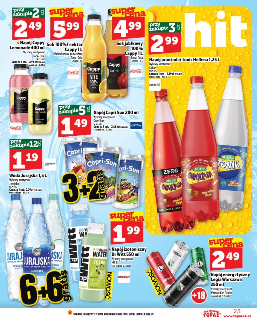 Gazetka promocyjna Topaz - Gazetka - ważna 01.07 do 16.07.2025 - strona 23 - produkty: Cappy, Coca-Cola, Fa, Hellena, Napój, Napój energetyczny, Napój izotoniczny, Nektar, Sok, Sok jabłkowy, Top, Woda