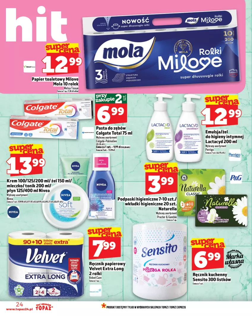 Gazetka promocyjna Topaz - Gazetka - ważna 01.07 do 16.07.2025 - strona 24 - produkty: Colgate, Colgate Total, Lactacyd, LG, Mleczko, Mola, Naturell, Naturella, Nivea, Palmolive, Papier, Papier toaletowy, Pasta do zębów, Podpaski, Ręcznik, Ręcznik kuchenny, Rolki, Sito, Tonik, Top, Velvet, Wkładki