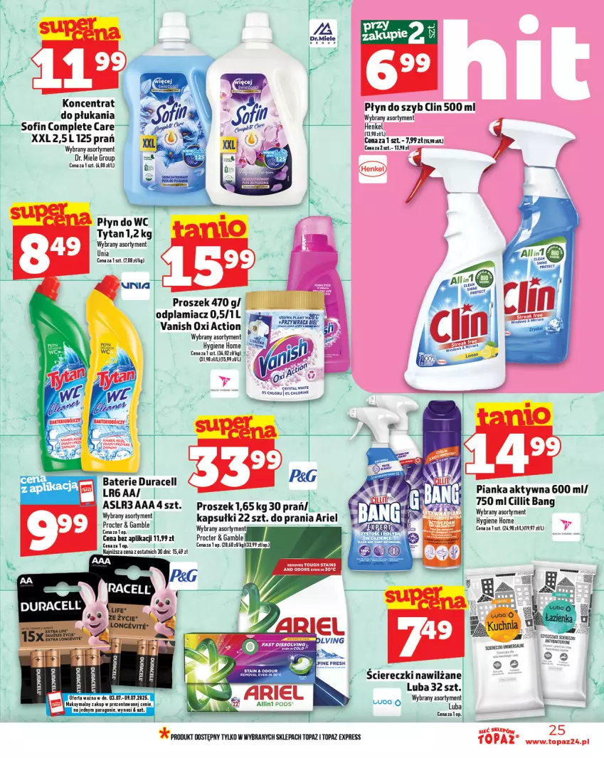 Gazetka promocyjna Topaz - Gazetka - ważna 01.07 do 16.07.2025 - strona 25 - produkty: Ariel, Clin, Duracell, Odplamiacz, Płyn do szyb, Płyn do wc, Szorty, Top, Tytan, Vanish