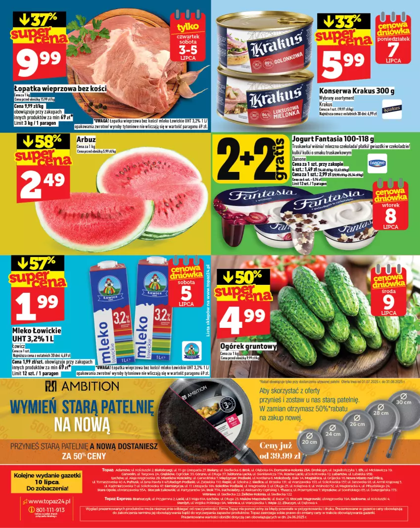 Gazetka promocyjna Topaz - Gazetka - ważna 01.07 do 16.07.2025 - strona 28 - produkty: Ambition, Arbuz, Czekolada, Fa, Fanta, Krakus, Mleko, Ogórek, Olej, Pax, Por, Ser, Top, Waga