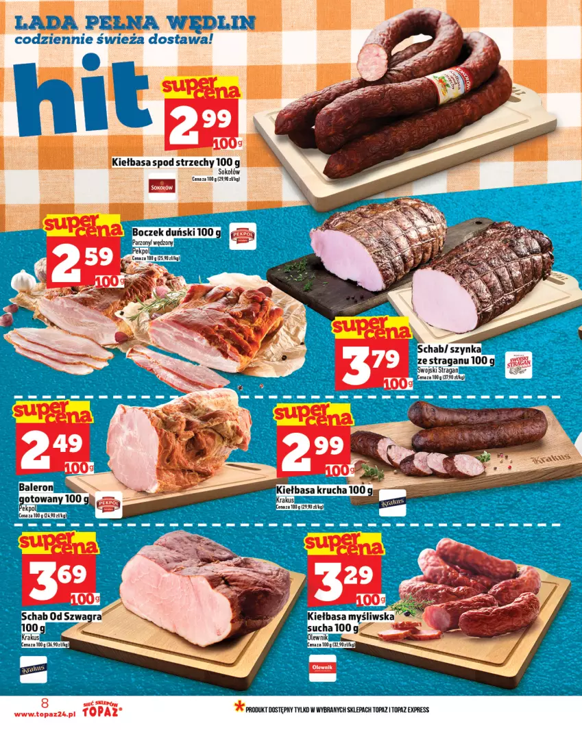 Gazetka promocyjna Topaz - Gazetka - ważna 01.07 do 16.07.2025 - strona 8 - produkty: Boczek, Kiełbasa, Krakus, Olewnik, Pekpol, Sok, Sokołów, Szynka, Top