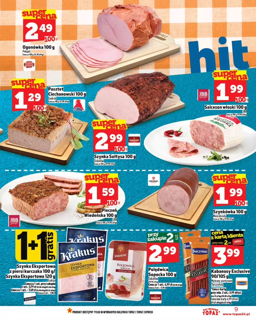 Gazetka promocyjna Topaz - Gazetka - ważna 01.07 do 16.07.2025 - strona 9 - produkty: Krakus, Ogonówka, Pasztet, Salceson, Szynka, Top