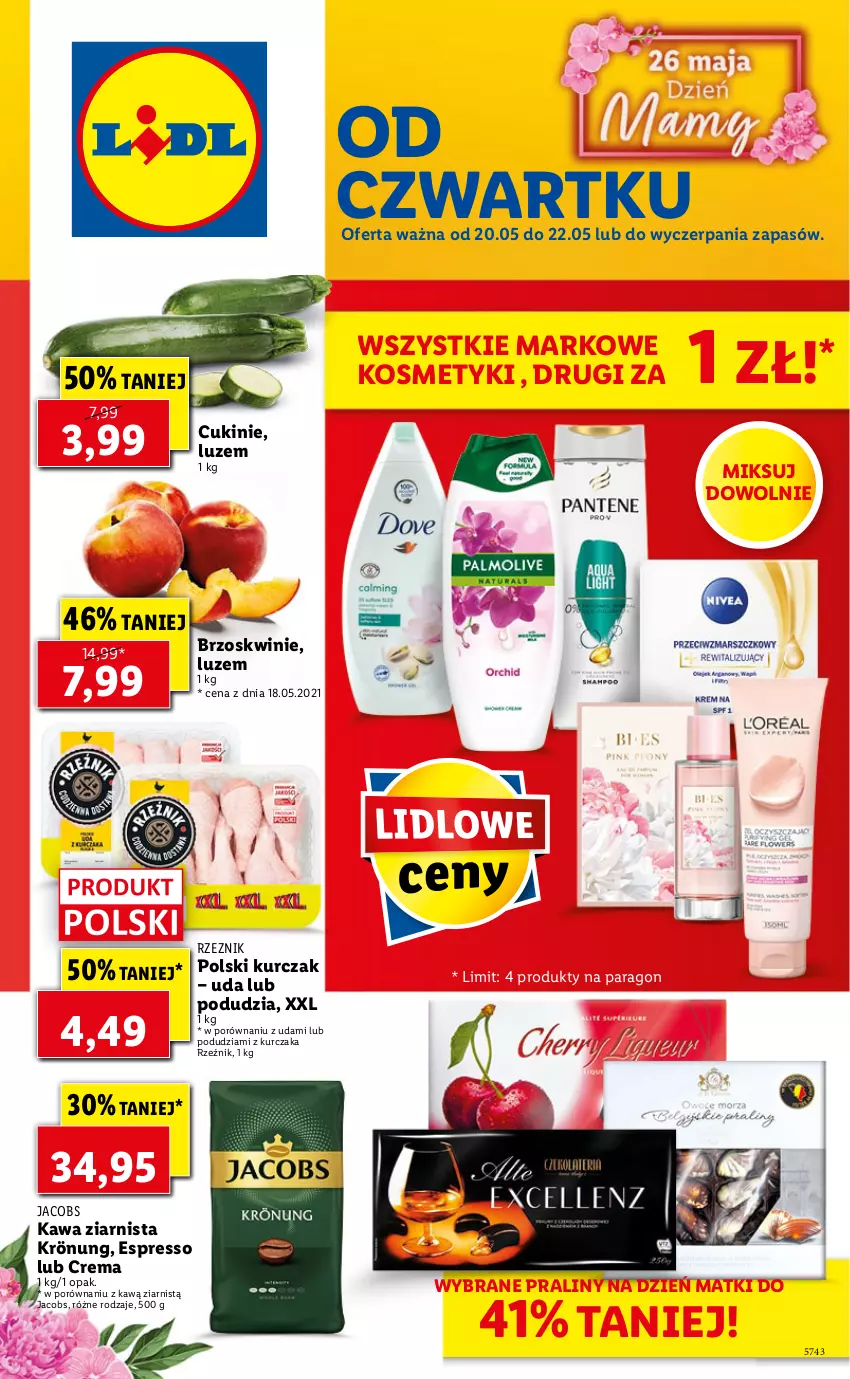 Gazetka promocyjna Lidl - GAZETKA - ważna 20.05 do 22.05.2021 - strona 1 - produkty: Brzoskwinie, Jacobs, Kawa, Kawa ziarnista, Kurczak, Por, Praliny