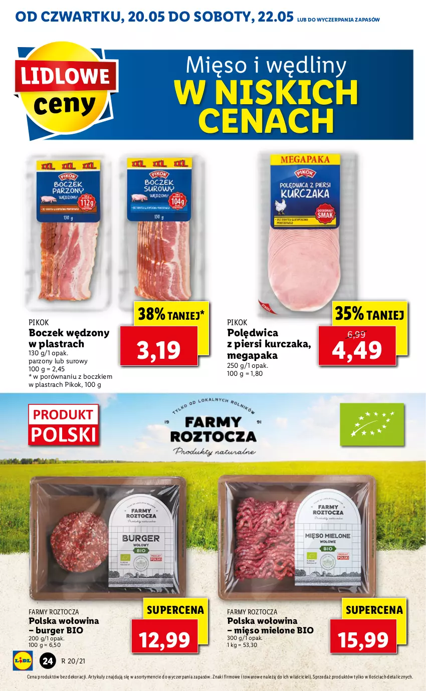 Gazetka promocyjna Lidl - GAZETKA - ważna 20.05 do 22.05.2021 - strona 24 - produkty: Boczek, Burger, Fa, Kurczak, Mięso, Mięso mielone, PIKOK, Polędwica, Por, Wołowina