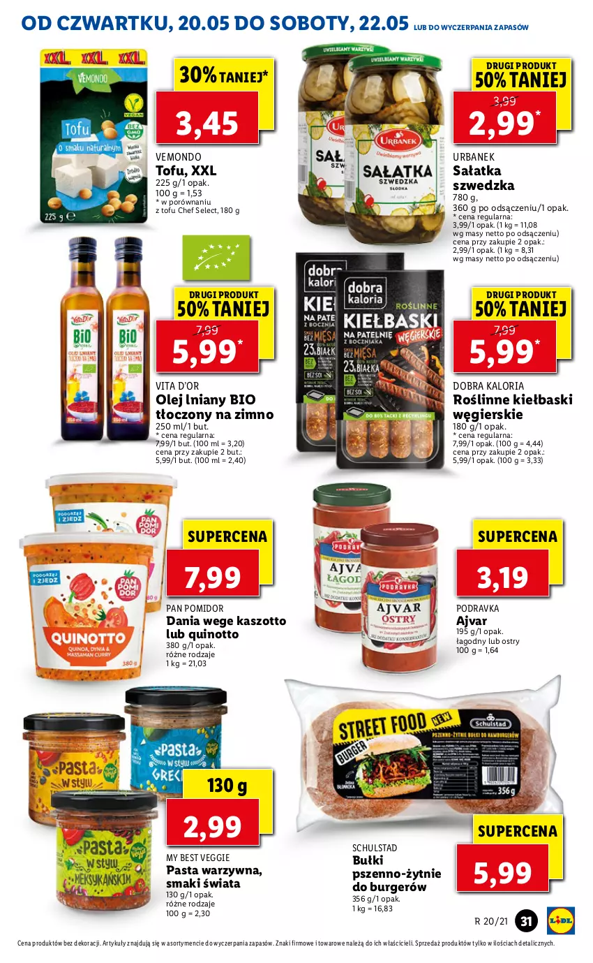 Gazetka promocyjna Lidl - GAZETKA - ważna 20.05 do 22.05.2021 - strona 31 - produkty: Burger, Olej, Pasta warzywna, Podravka, Por, Roślinne kiełbaski, Sałat, Sałatka, Tofu, Zott