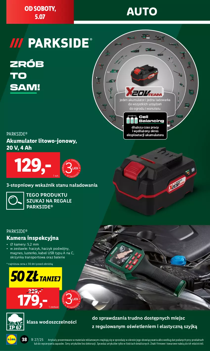 Gazetka promocyjna Lidl - GAZETKA - ważna 30.06 do 05.07.2025 - strona 40 - produkty: Akumulator, Haczyk, Kabel USB, Kamera, Kamery, Parkside, Por, Sport, Top, Tran, Warka