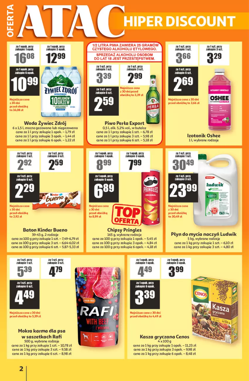 Gazetka promocyjna Auchan - ATAC Hiper Discount - ważna 21.05 do 10.06.2026 - strona 2 - produkty: Baton, Cenos, Chipsy, Do mycia naczyń, Fa, Gry, Kasza, Kasza gryczana, Kinder, Kinder Bueno, Ludwik, Mokra karma, Oshee, Perła, Piwo, Płyn do mycia, Płyn do mycia naczyń, Por, Pringles, Tonik, Woda