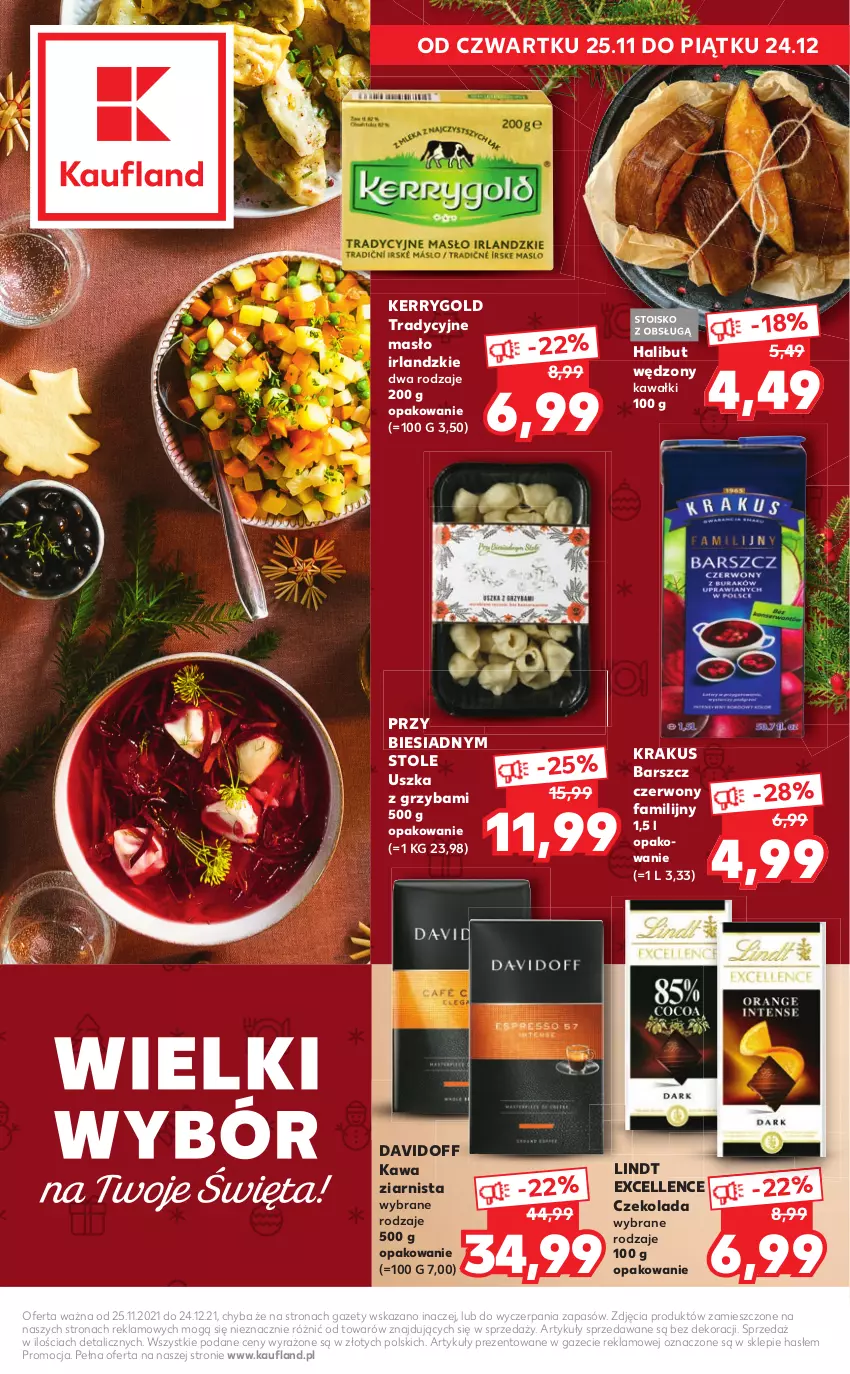 Gazetka promocyjna Kaufland - Oferta specjalna - ważna 25.11 do 24.12.2021 - strona 1 - produkty: Czekolada, Davidoff, Fa, Halibut, Kawa, Kawa ziarnista, Krakus, Lindt, Masło