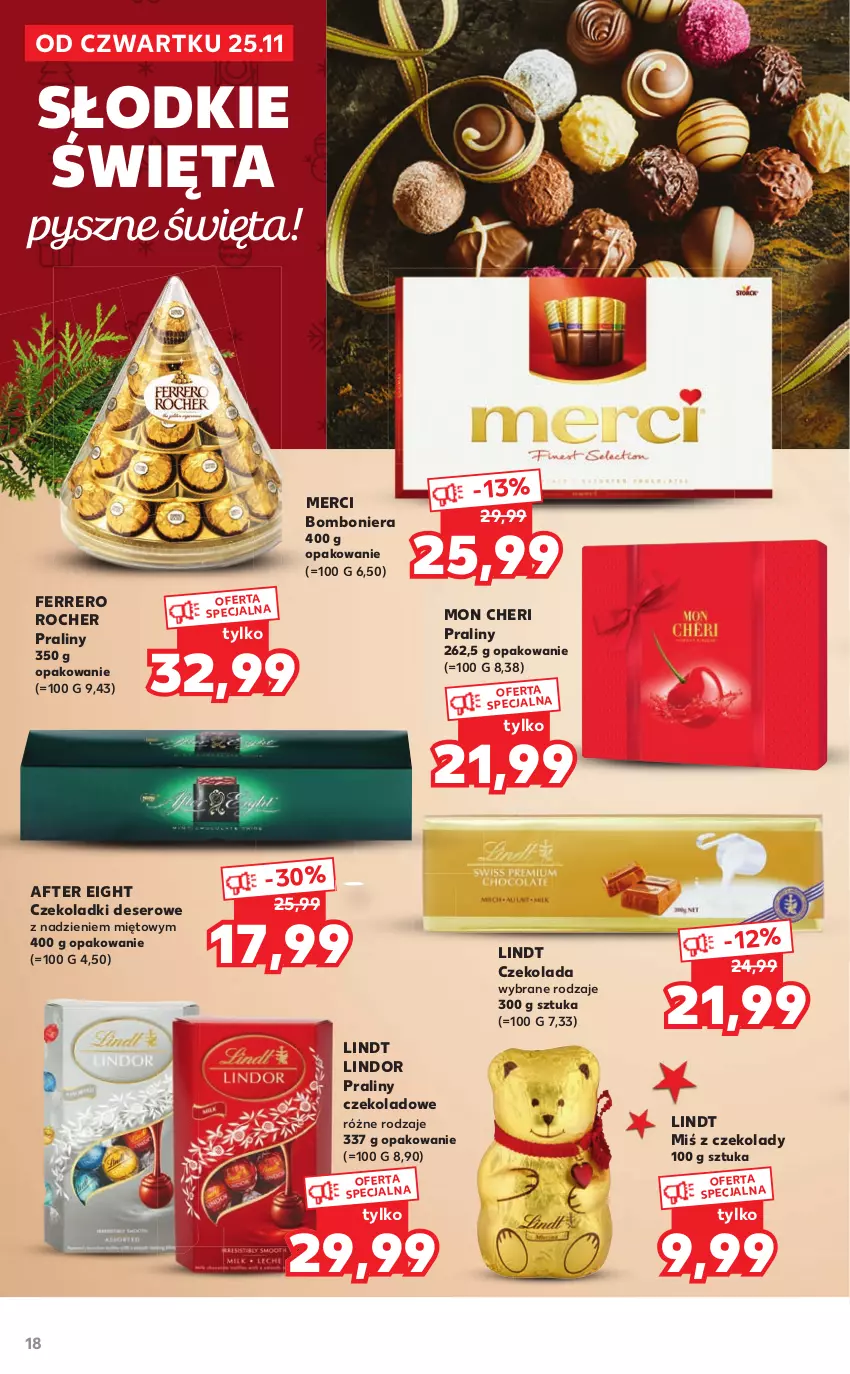 Gazetka promocyjna Kaufland - Oferta specjalna - ważna 25.11 do 24.12.2021 - strona 18 - produkty: Bomboniera, Czekolada, Deser, Ferrero, Ferrero Rocher, Lindor, Lindt, Merci, Praliny, Ser