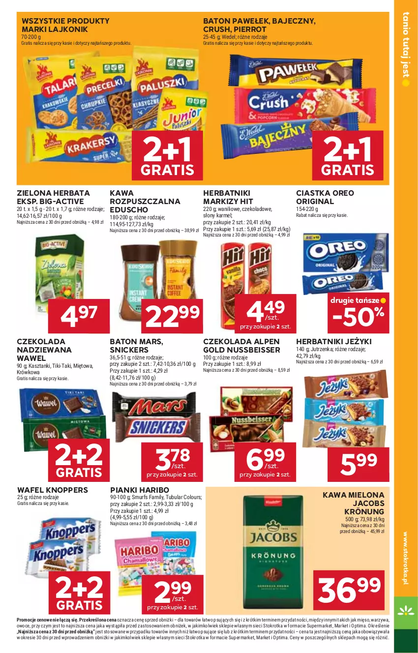 Gazetka promocyjna Stokrotka - Market - ważna 15.10 do 21.10.2026 - strona 21 - produkty: Baton, Ciastka, Czekolada, Czekolada nadziewana, Fa, Gin, Gra, Haribo, Herbata, Herbatniki, Jacobs, Jacobs Krönung, Jeżyki, Jutrzenka, Kawa, Kawa mielona, Kawa rozpuszczalna, Knoppers, Lajkonik, Mars, Mięso, Optima, Oreo, Owoce, Ser, Snickers, Warzywa, Wawel