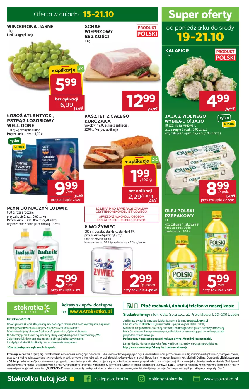Gazetka promocyjna Stokrotka - Market - ważna 15.10 do 21.10.2026 - strona 41 - produkty: Dres, Gra, Jaja, Jaja z wolnego wybiegu, Kalafior, Kurczak, Ludwik, Mięso, O nas, Olej, Optima, Owoce, Pasztet, Piwa, Piwo, Pstrąg, Pstrąg łososiowy, Schab wieprzowy, Ser, Sok, Sokołów, Sos, Telefon, Wagi, Warzywa, Wino, Winogrona