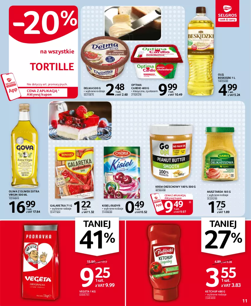 Gazetka promocyjna Selgros - Oferta spożywcza - ważna 06.04 do 14.04.2021 - strona 11 - produkty: Beskidzki, Budyń, Delma, Gala, Galaretka, Gin, Ketchup, Kisiel, Krem orzechowy, Mus, Musztarda, Olej, Oliwa z oliwek, Optima, Optima Cardio, Vegeta