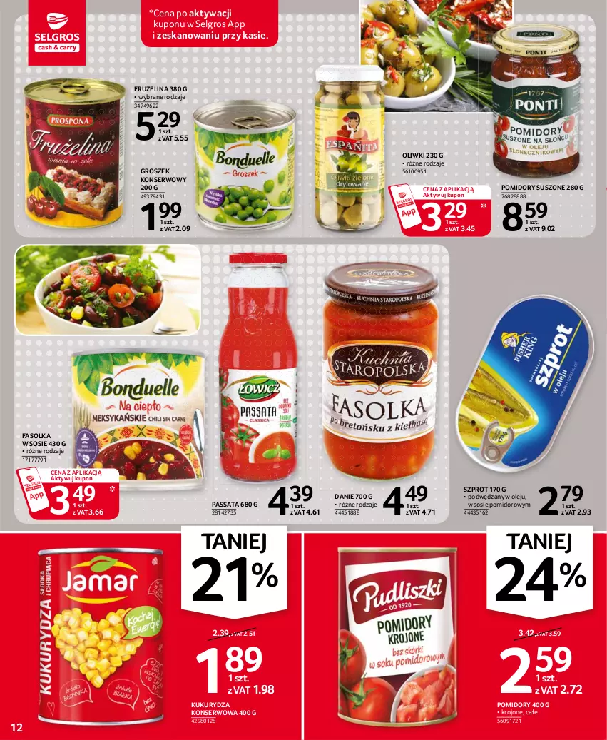 Gazetka promocyjna Selgros - Oferta spożywcza - ważna 06.04 do 14.04.2021 - strona 12 - produkty: Fa, Frużelina, Groszek, Kukurydza, Kukurydza konserwowa, LG, Olej, Oliwki, Pomidory, Ser, Sos, Szprot