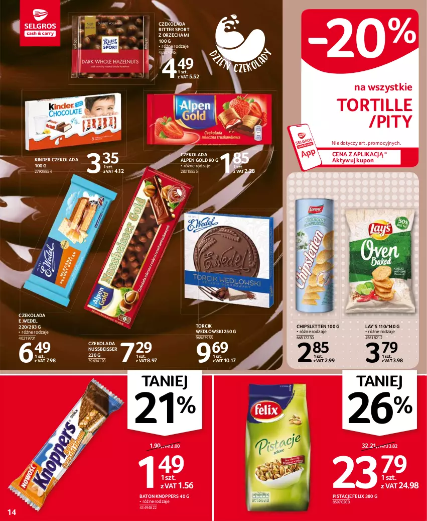 Gazetka promocyjna Selgros - Oferta spożywcza - ważna 06.04 do 14.04.2021 - strona 14 - produkty: Baton, Czekolada, Felix, Kinder, Knoppers, Lay’s, Pistacje, Por, Ritter Sport, Ser, Sport