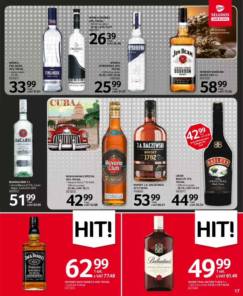 Gazetka promocyjna Selgros - Oferta spożywcza - ważna 06.04 do 14.04.2021 - strona 17 - produkty: Bacardi, Finlandia, Gra, Jim Beam, Likier, Ogiński, Rum, Whiskey, Whisky, Wódka, Wyborowa