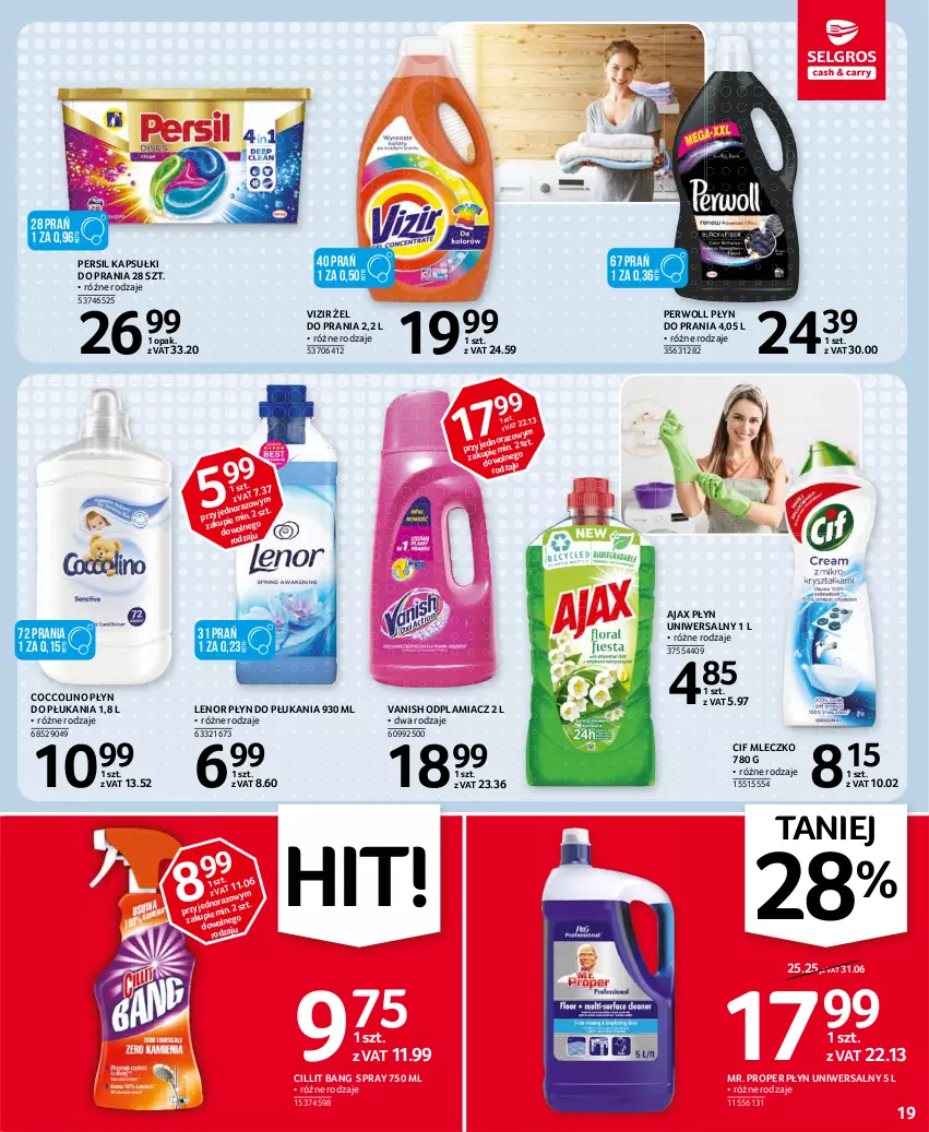 Gazetka promocyjna Selgros - Oferta spożywcza - ważna 06.04 do 14.04.2021 - strona 19 - produkty: Ajax, Cif, Cillit Bang, Coccolino, Kapsułki do prania, Lenor, Mleczko, Mr. Proper, Odplamiacz, Persil, Perwoll, Płyn do płukania, Płyn do prania, Vanish, Vizir