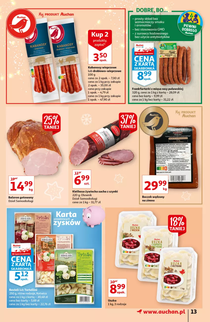 Gazetka promocyjna Auchan - Magia Świąt Hipermarkety - ważna 09.12 do 15.12.2021 - strona 13 - produkty: Boczek, Frankfurterki, Kabanos, Kiełbasa, Olewnik