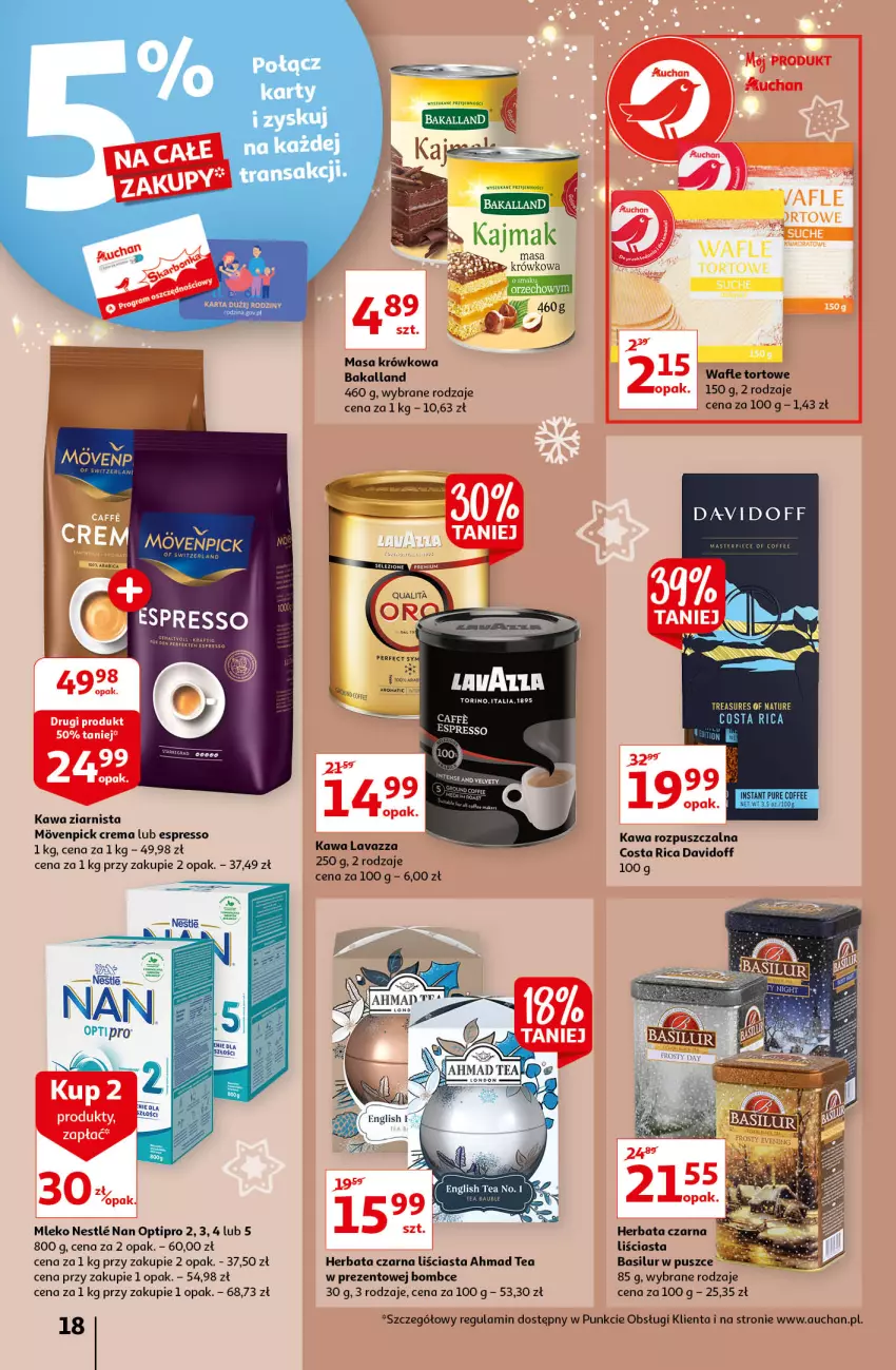 Gazetka promocyjna Auchan - Magia Świąt Hipermarkety - ważna 09.12 do 15.12.2021 - strona 18 - produkty: Bakalland, Davidoff, Herbata, Herbata czarna, Kawa, Kawa rozpuszczalna, Kawa ziarnista, Lavazza, Masa krówkowa, Mleko, NAN Optipro, Piec, Wafle, Wafle tortowe