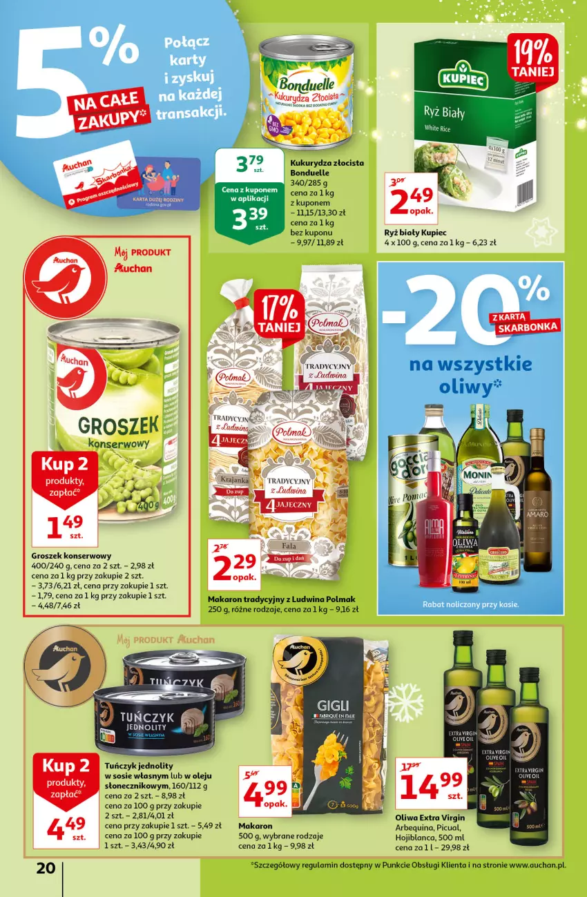 Gazetka promocyjna Auchan - Magia Świąt Hipermarkety - ważna 09.12 do 15.12.2021 - strona 20 - produkty: Bonduelle, Gin, Groszek, Kukurydza, Kupiec, Makaron, Olej, Olma, Piec, Ryż, Ryż biały, Ser, Sos, Tuńczyk