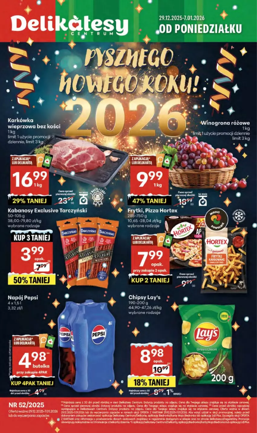 Gazetka promocyjna Delikatesy Centrum - Franczyza DC52 Czwartek - ważna 29.12.2025 do 07.01.2026 - strona 1 - produkty: Chipsy, Frytki, Hortex, Kabanos, Koc, Pizza, Rama, Rum, Tarczyński, Wino, Winogrona