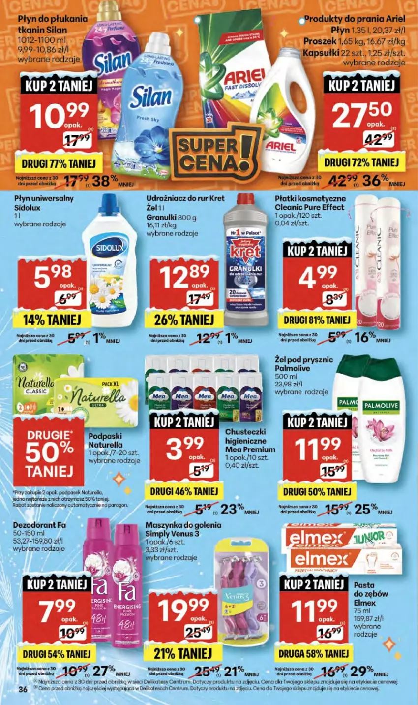 Gazetka promocyjna Delikatesy Centrum - Franczyza DC52 Czwartek - ważna 29.12.2025 do 07.01.2026 - strona 36 - produkty: Chusteczki, Cleanic, Dezodorant, Elmex, Fa, Gra, Kret, Maszynka, Maszynka do golenia, Palmolive, Płatki kosmetyczne, Podpaski, Pur, Rum, Sidolux, Szynka, Venus