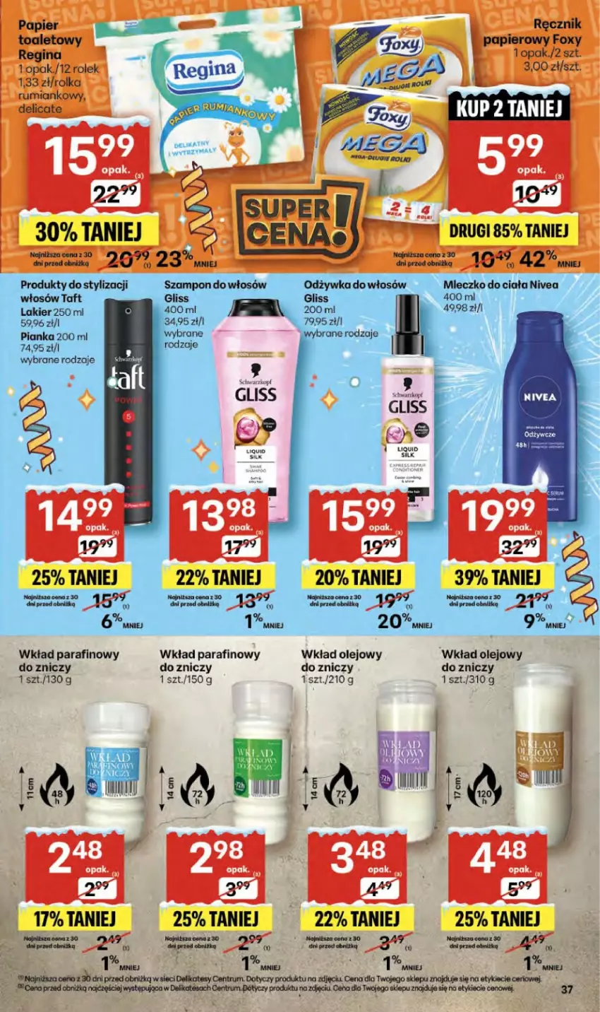 Gazetka promocyjna Delikatesy Centrum - Franczyza DC52 Czwartek - ważna 29.12.2025 do 07.01.2026 - strona 37 - produkty: Lakier, Mleczko, Mleczko do ciała, Nivea, Odżywka, Olej, Por, Szampon, Taft, Wkład olejowy, Znicz