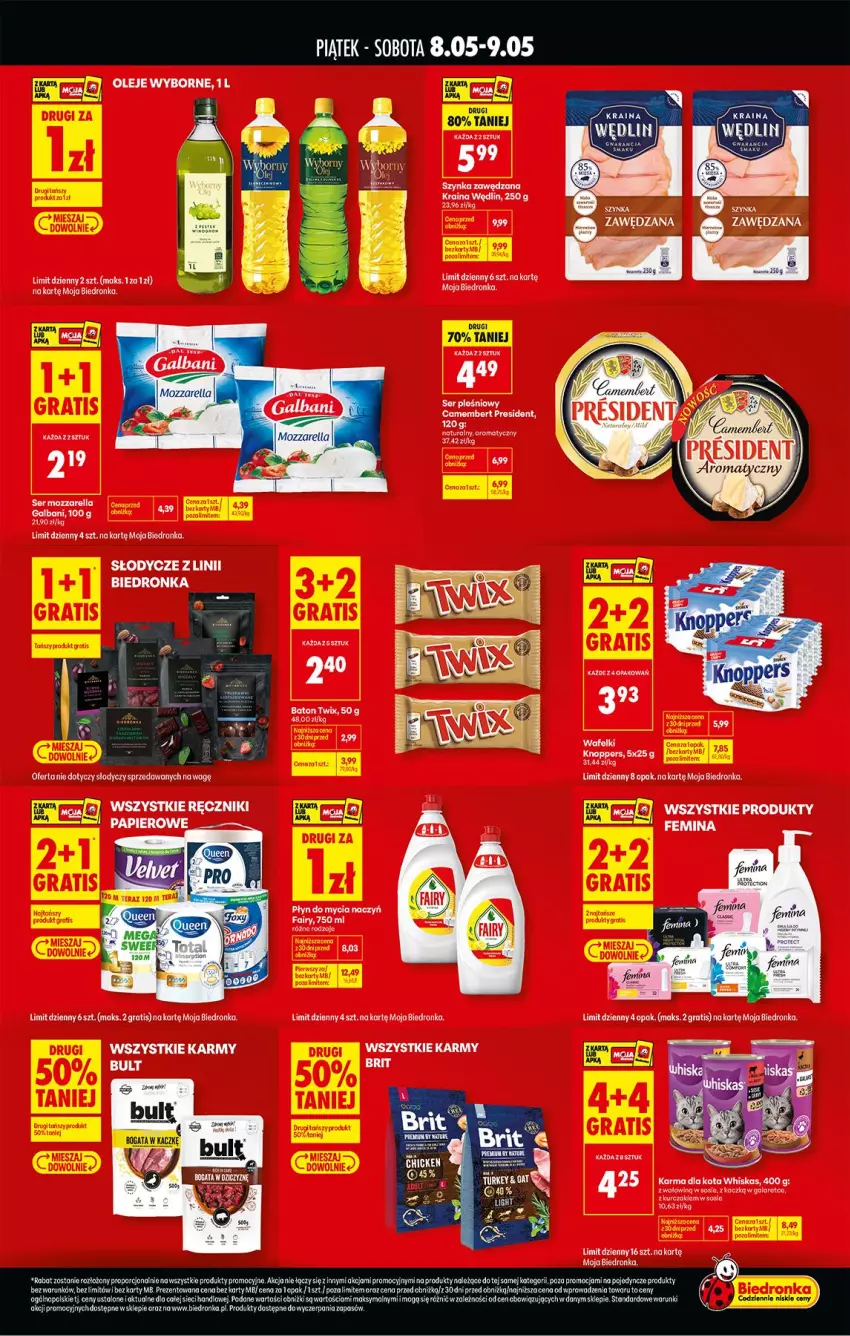 Gazetka promocyjna Biedronka - Tani Weekend - ważna 08.05 do 09.05.2026 - strona 2 - produkty: Baton, Camembert, Do mycia naczyń, Fa, Fairy, Galbani, Gra, Knoppers, Kurczak, Olej, Płyn do mycia, Płyn do mycia naczyń, Ser, Ser pleśniowy, Szynka, Twix, Whiskas
