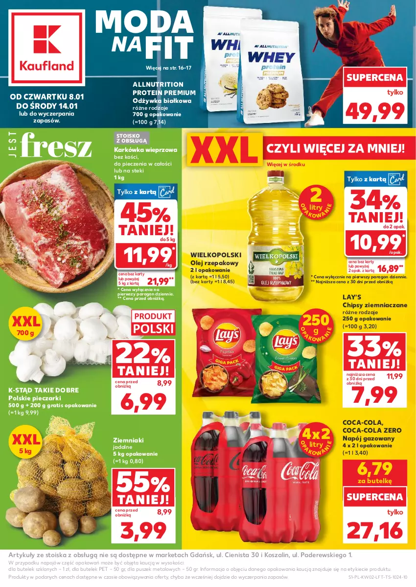 Gazetka promocyjna Kaufland - Gazetka tygodnia - ważna 08.01 do 14.01.2026 - strona 1 - produkty: Chipsy, Coca-Cola, Gra, Karkówka wieprzowa, Kosz, Lay’s, Moda, Napój, Napój gazowany, Odżywka, Olej, Olej rzepakowy, Piec, Sok, Stek, Szal, Ziemniaki