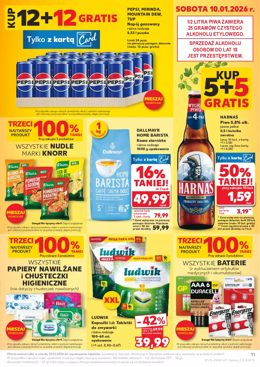 Gazetka promocyjna Kaufland - Gazetka tygodnia - ważna 08.01 do 14.01.2026 - strona 11 - produkty: 7up, Akumulator, Chusteczki, Dallmayr, Gra, Harnaś, Kawa, Kawa ziarnista, Knorr, Ludwik, Mirinda, Napój, Napój gazowany, Papier, Pepsi, Piwa, Piwo, Por, Sok, Tablet, Tabletki do zmywarki, Waga, Zmywarki