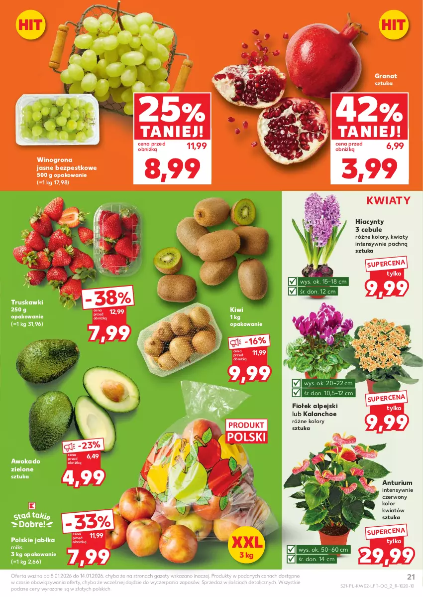 Gazetka promocyjna Kaufland - Gazetka tygodnia - ważna 08.01 do 14.01.2026 - strona 21 - produkty: Gra, Granat, Hiacynt, Jabłka, Kalanchoe, Kiwi, Truskawki, Wino, Winogrona