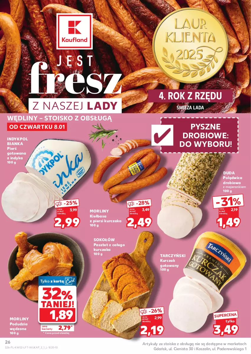 Gazetka promocyjna Kaufland - Gazetka tygodnia - ważna 08.01 do 14.01.2026 - strona 26 - produkty: Bianka, Duda, Kiełbasa, Kiełbasa z piersi kurczaka, Kosz, Kurczak, Kurczak gotowany, Morliny, Pasztet, Polędwica, Sok, Sokołów, Szal, Tarczyński