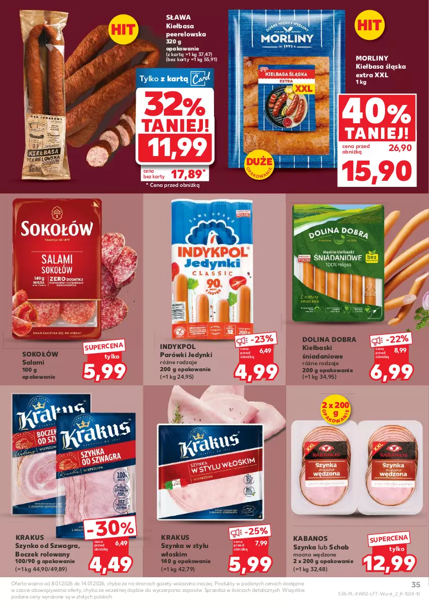 Gazetka promocyjna Kaufland - Gazetka tygodnia - ważna 08.01 do 14.01.2026 - strona 35 - produkty: Boczek, Danio, Gra, Kabanos, Kiełbasa, Kiełbasa śląska, Krakus, Morliny, Parówki, Salami, Sok, Sokołów, Szynka