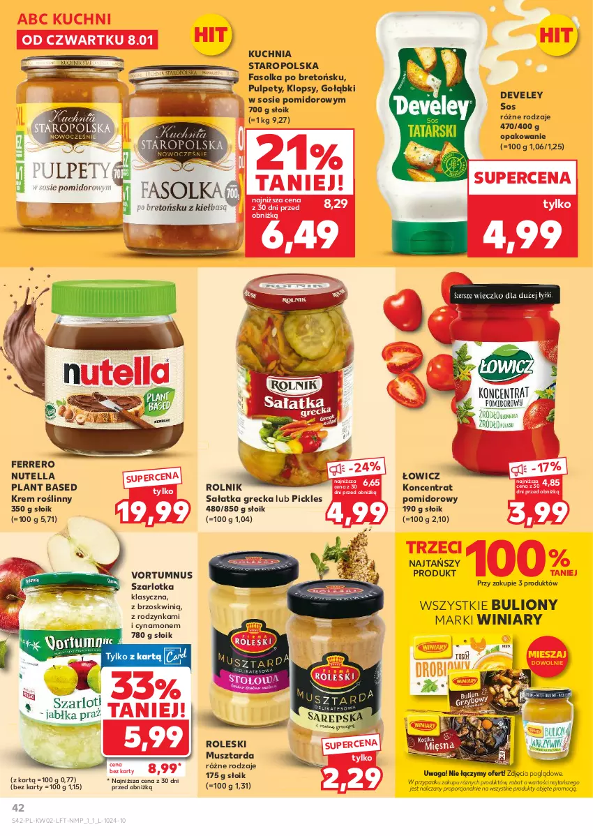 Gazetka promocyjna Kaufland - Gazetka tygodnia - ważna 08.01 do 14.01.2026 - strona 42 - produkty: Bulion, Fa, Ferrero, Koncentrat pomidorowy, Kuchnia, Kuchnia Staropolska, Lion, Mus, Musztarda, Nutella, Por, Pulpety, Rolnik, Sałat, Sałatka, Sos, Szarlotka, Waga, Winiary